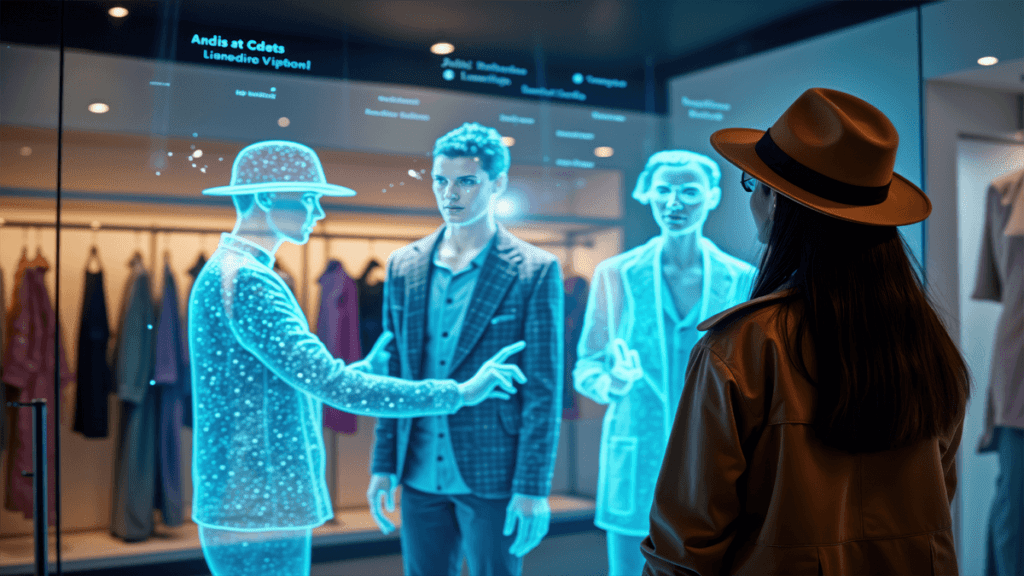 Hyper-Personalization: The Key to Memorable Customer Experiences in 2025 1 AI-driven hyper-personalization in retail: A customer interacting with virtual digital assistants and holographic shopping experiences.
